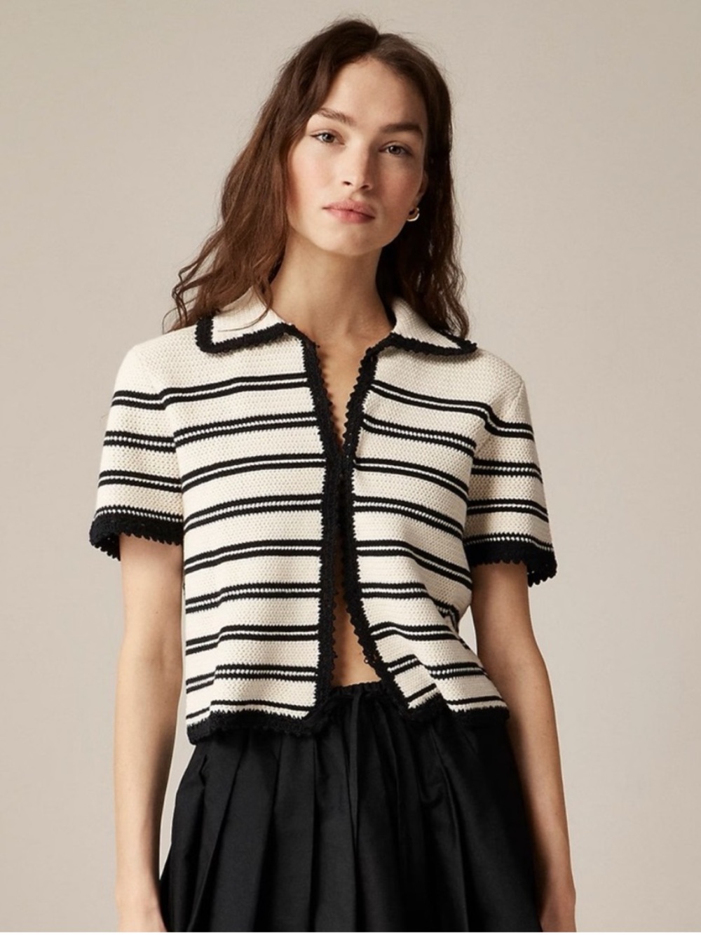J. Crew Black Cream Striped Crochet Cardigan Sweater NWT Size L